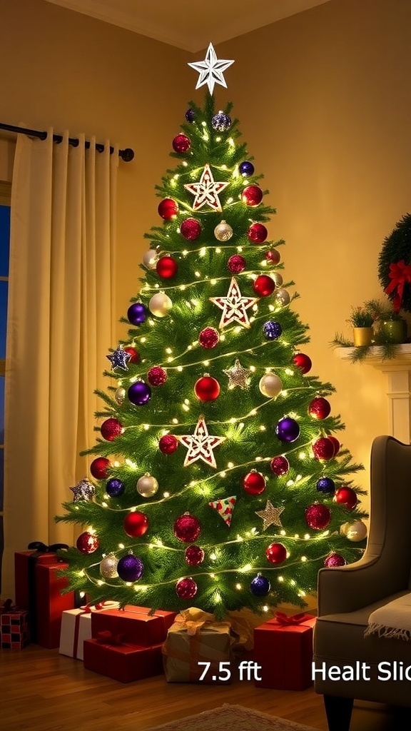 A tall Christmas tree decorated with lights and ornaments in a cozy living room.